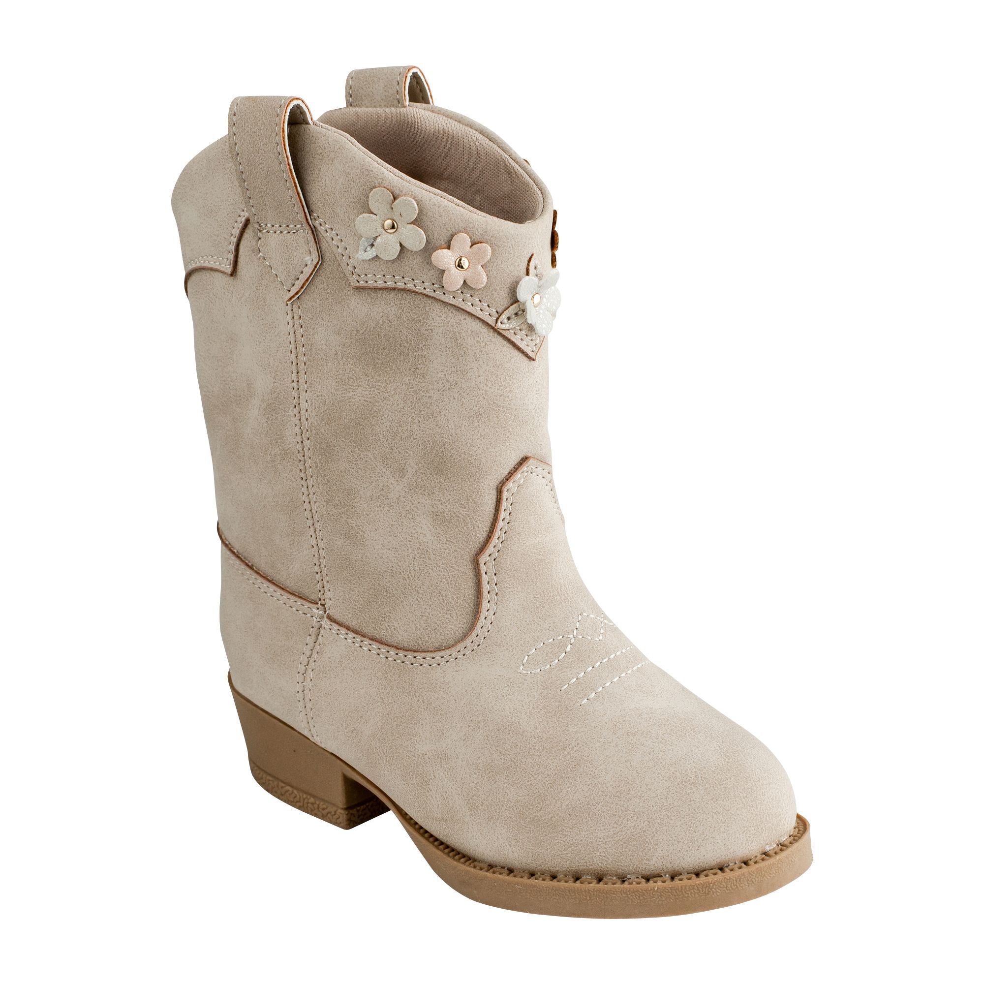 Mia Distressed Western Cowboy Boot | Taupe with Shimmer Flowers