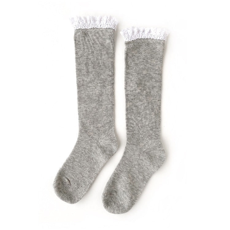 Lace Top Knee High Socks | Grey