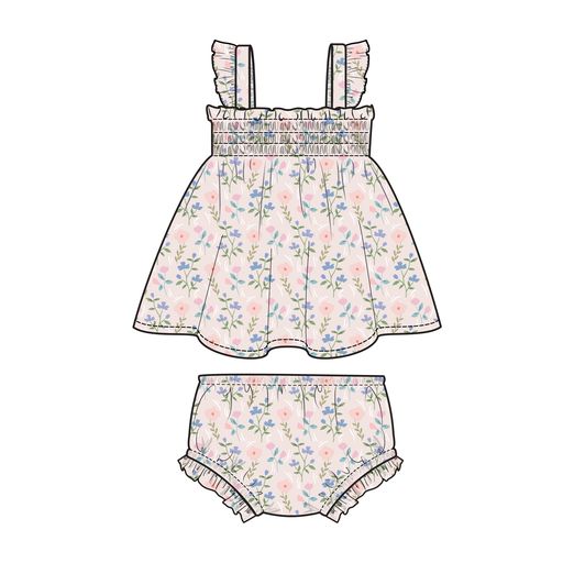 Simple Pretty Floral Bamboo Ruffle Strap Smocked Top and Diaper Cover Set