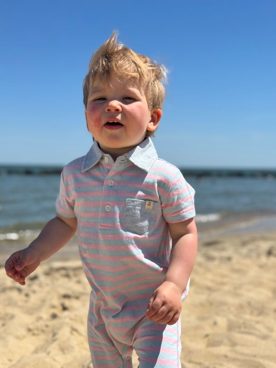 Saltash Stripe Polo Romper | Pink and Sky Blue