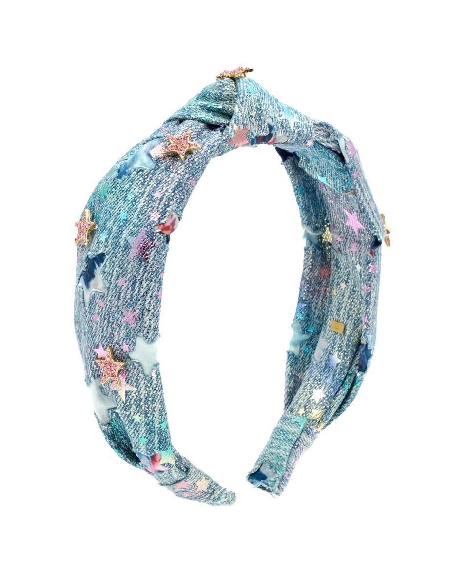 3D Crystal Stars on Denim Print Top Knot Headband