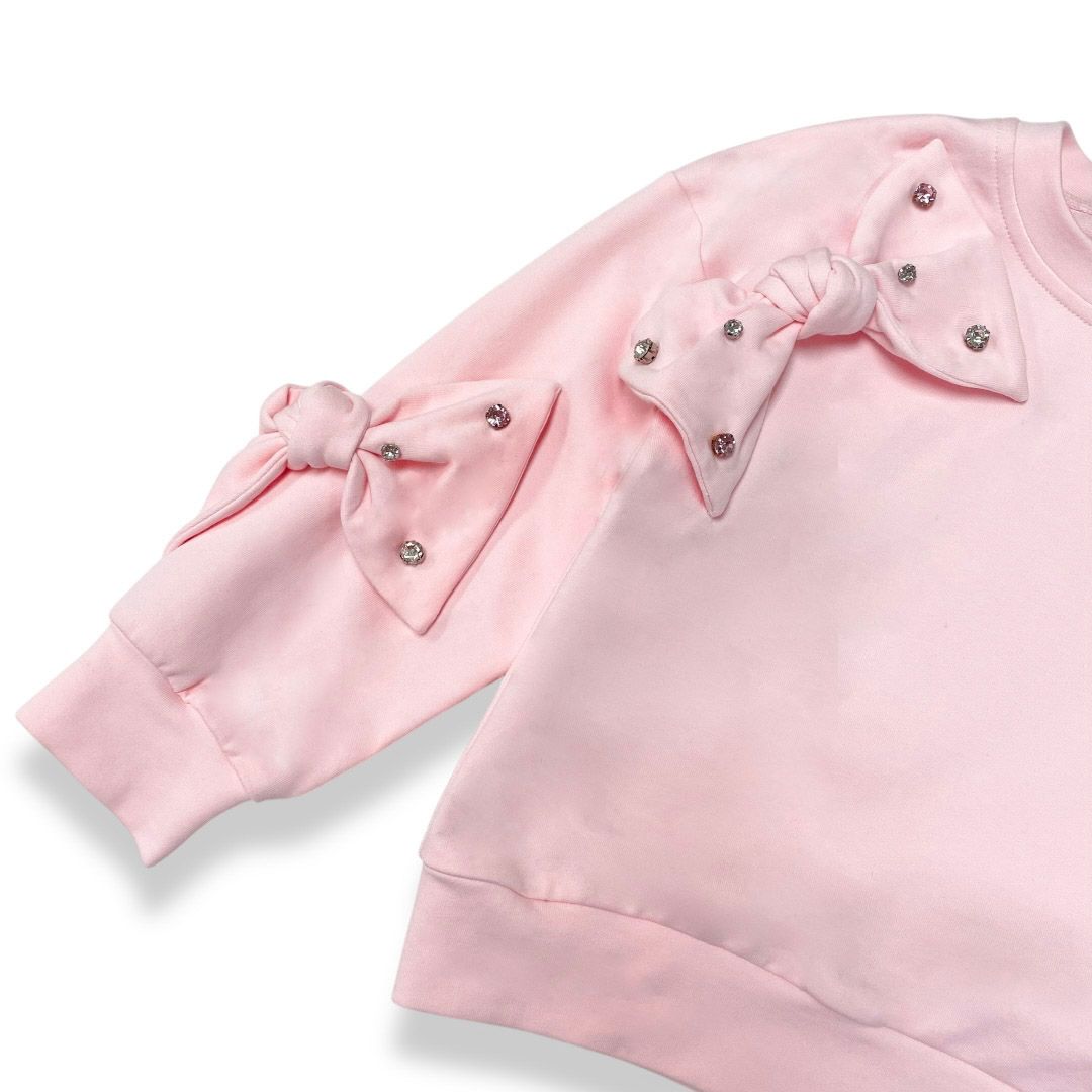 Rhinestone Bow Long Sleeve Pullover | Pink