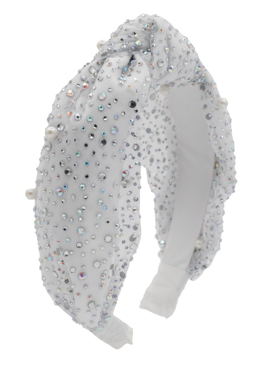 Jewel and Pearl Tulle Overlay Knot Headband | White