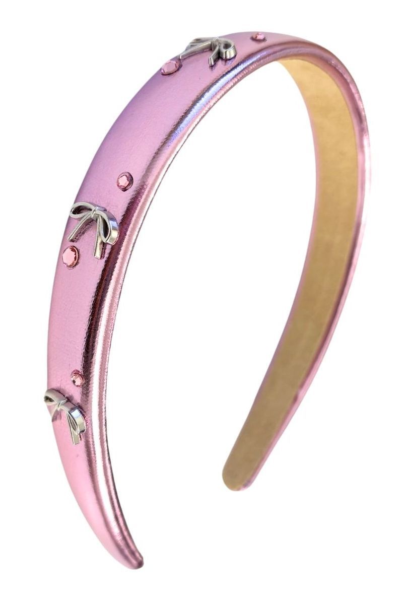 Thin Padded Metallic Headband with Rhinestone Bows | Pink