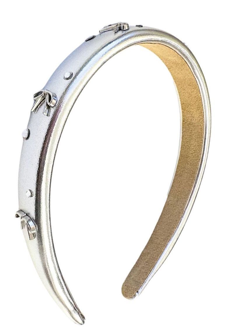 Thin Padded Metallic Headband with Rhinestone Bows | Silver