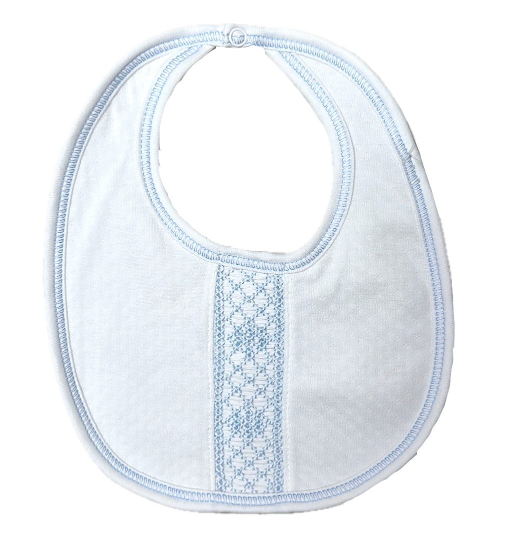 Sweet Baby Boy White Jacquard Blue Smocked Bib