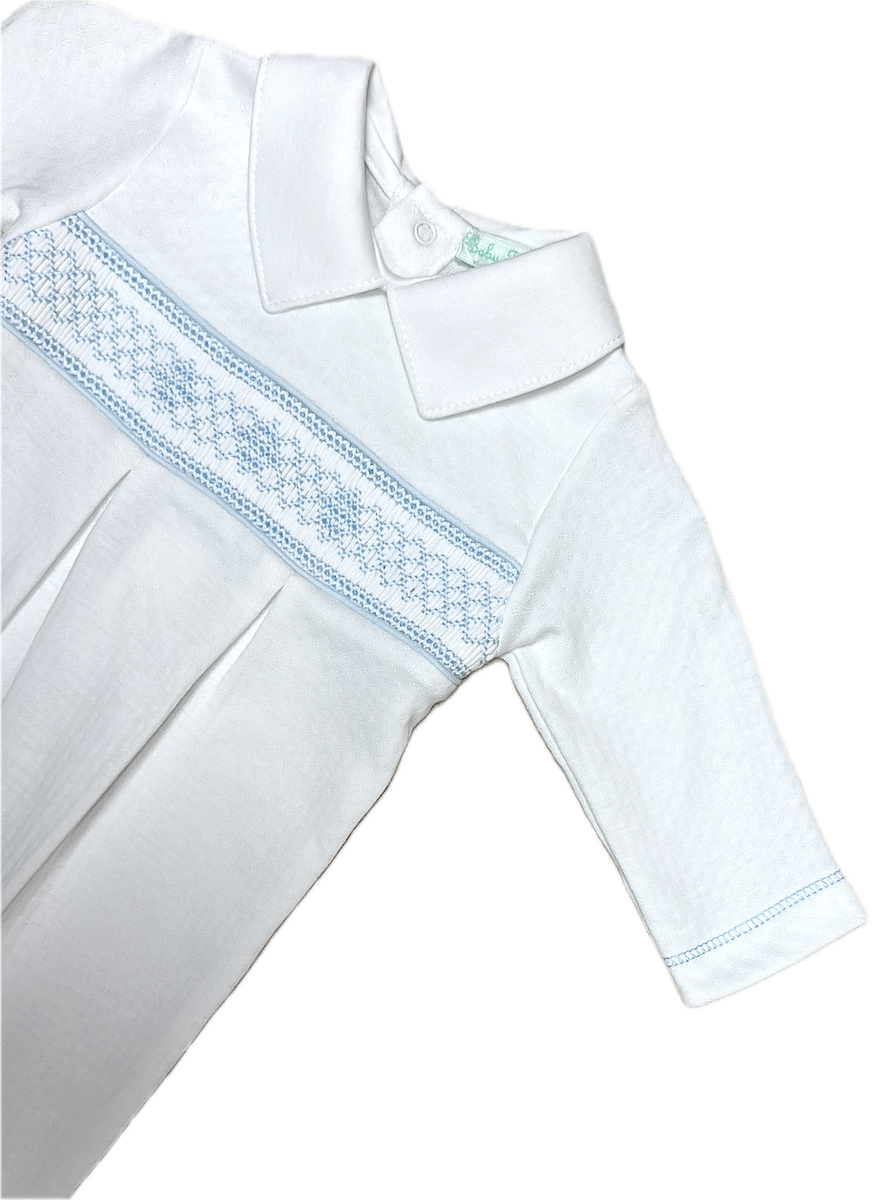 Sweet Baby Boy White Jacquard Blue Smocked Footie