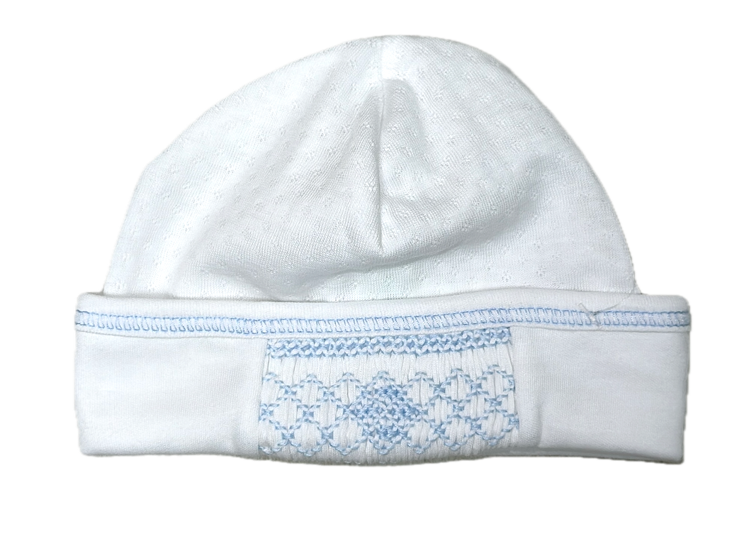 Sweet Baby Boy White Jacquard Blue Smocked Hat