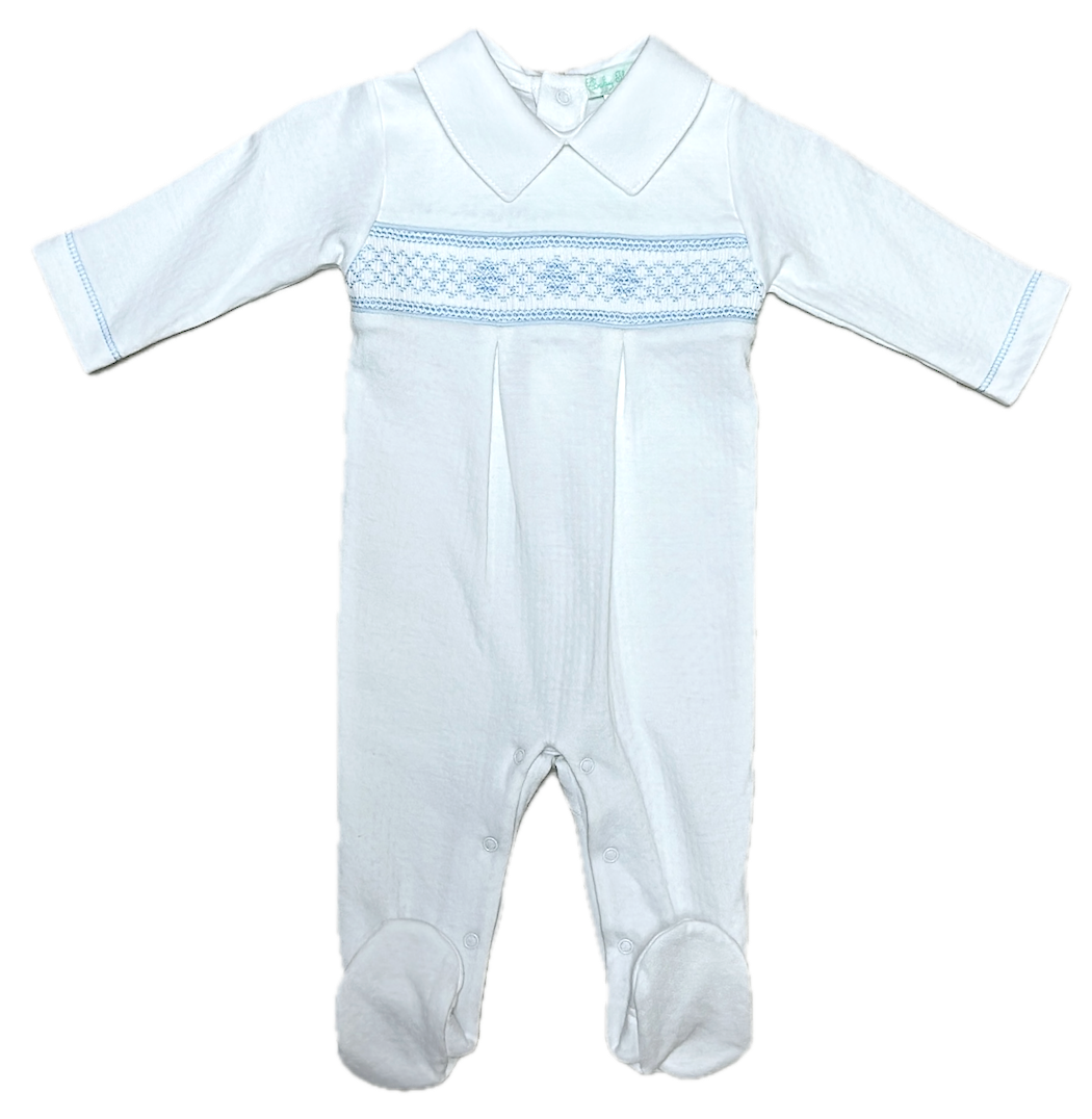 Sweet Baby Boy White Jacquard Blue Smocked Footie