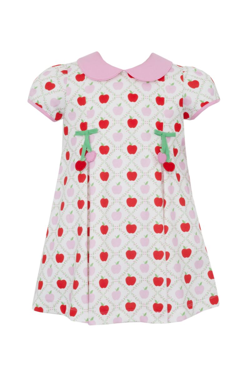 Pink and Red Apple Print Knit Dress with Pleats