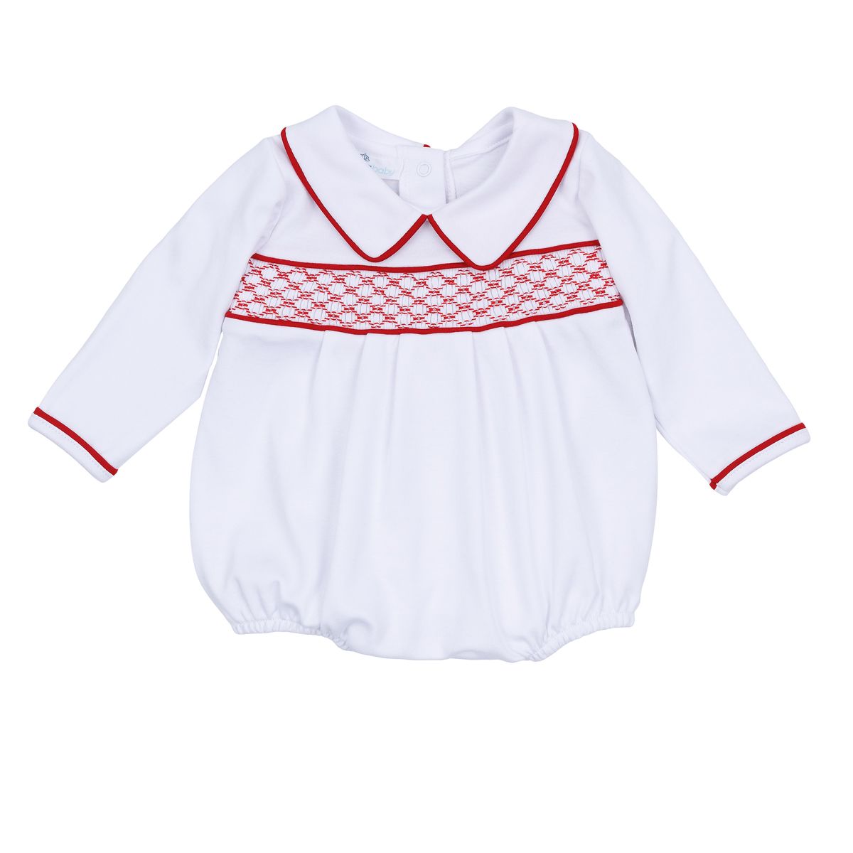 Red and White Essentials Smocked Long Sleeve Boy Bubble