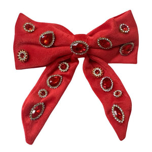 Velvet Jeweled Hair Bow with Tails | Assorted