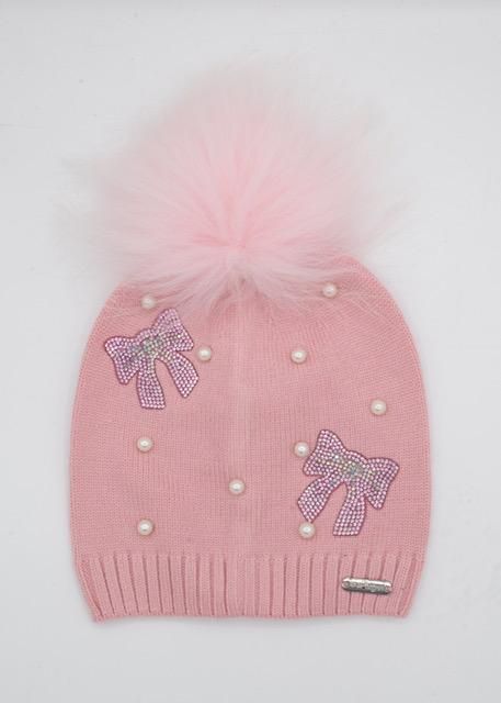 Light Pink Pearl and Rhinestone Bows Beanie with Fur Pom