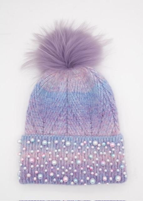 Lavender Pastel Pearl Beanie with Fur Pom