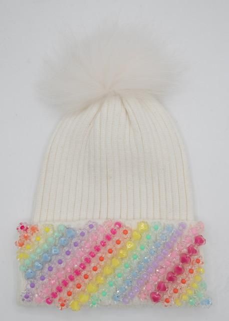 Charm Cuff Beanie with Fur Pom