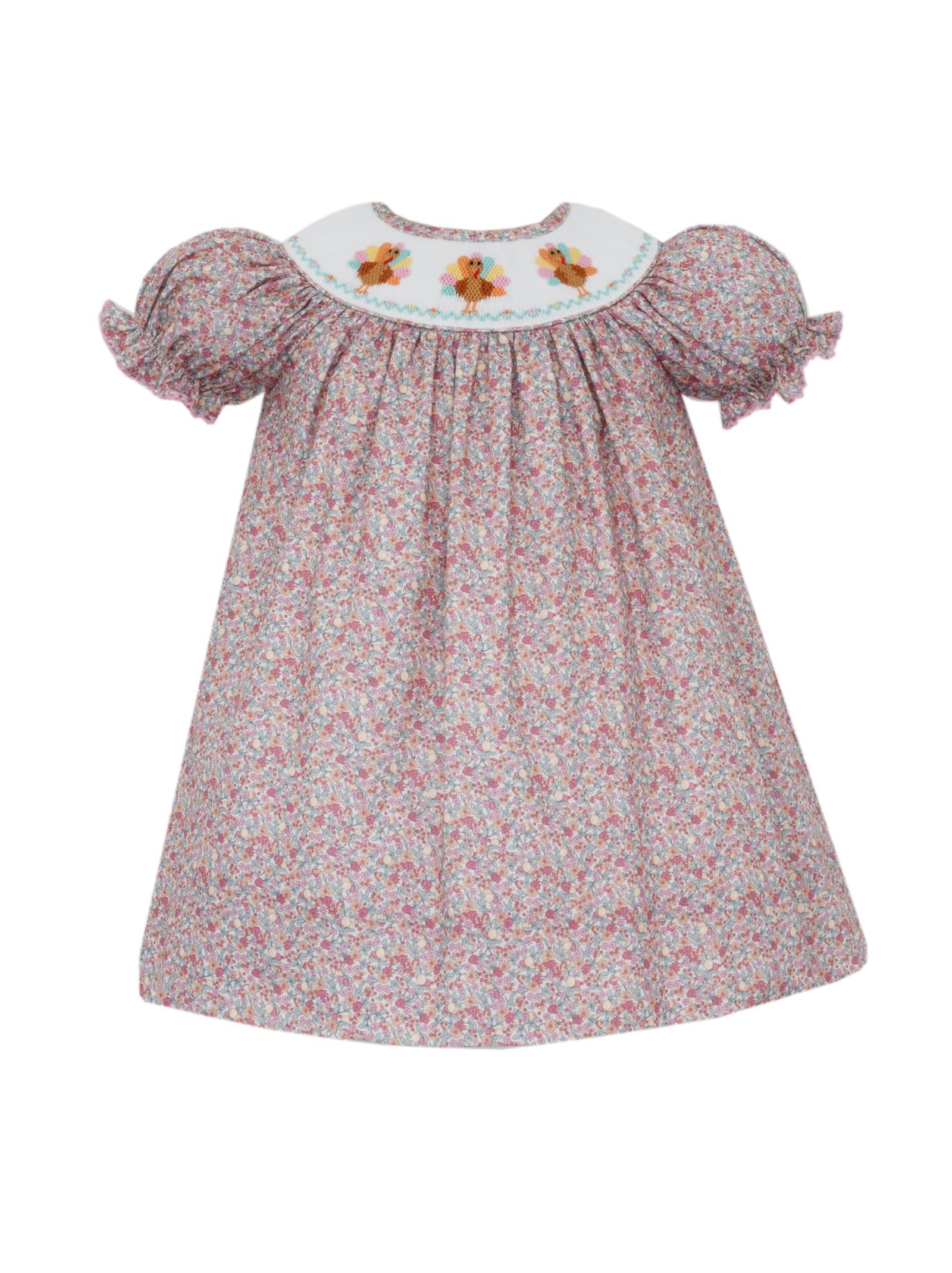 Pink Floral Turkey Girl Short Sleeve Smocked Bishop w/ Insert