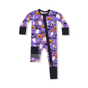 Purple Costumed Ghosts Glow-in-the-Dark Bamboo 2 Way Zipper Romper