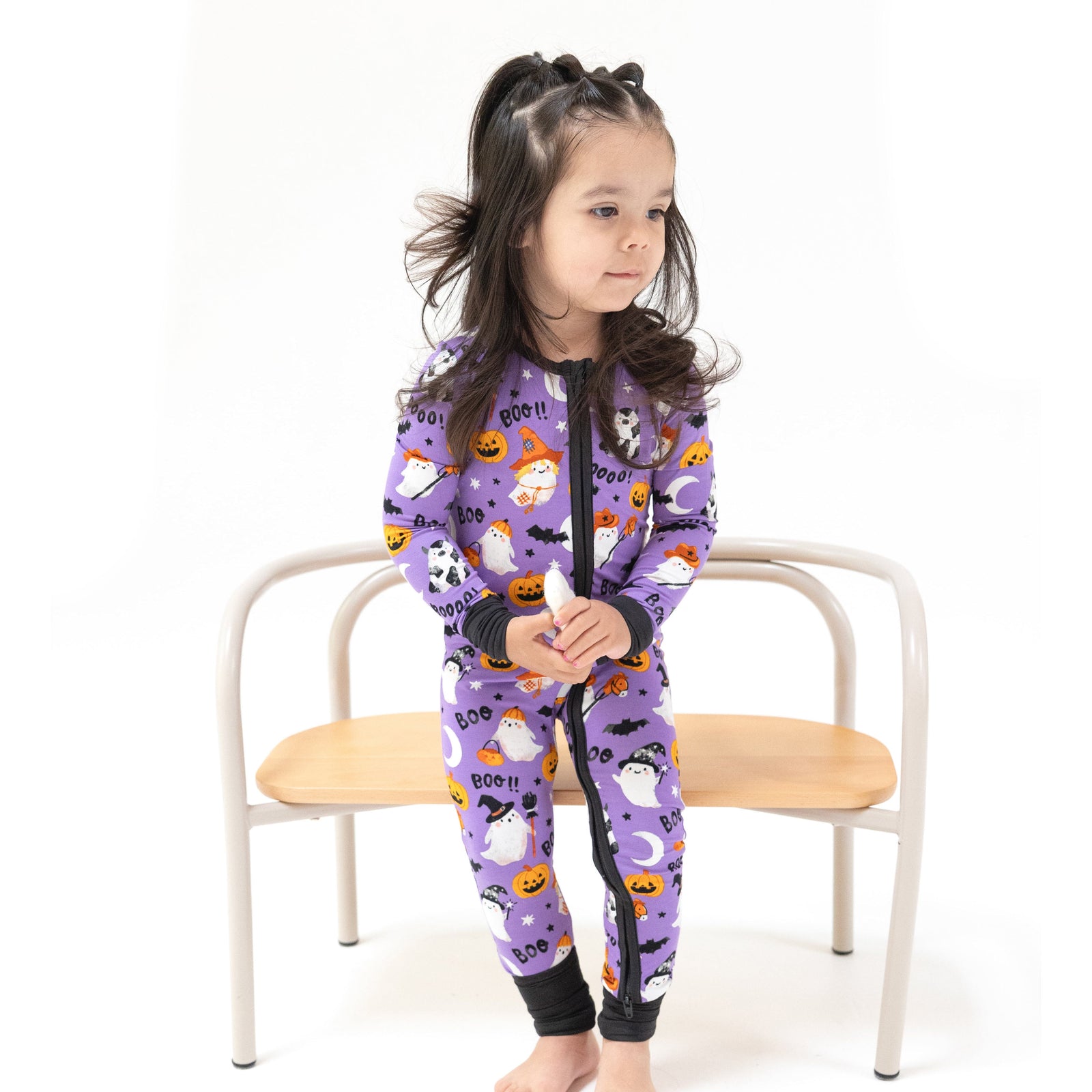 Purple Costumed Ghosts Glow-in-the-Dark Bamboo 2 Way Zipper Romper