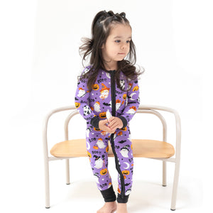 Purple Costumed Ghosts Glow-in-the-Dark Bamboo 2 Way Zipper Romper