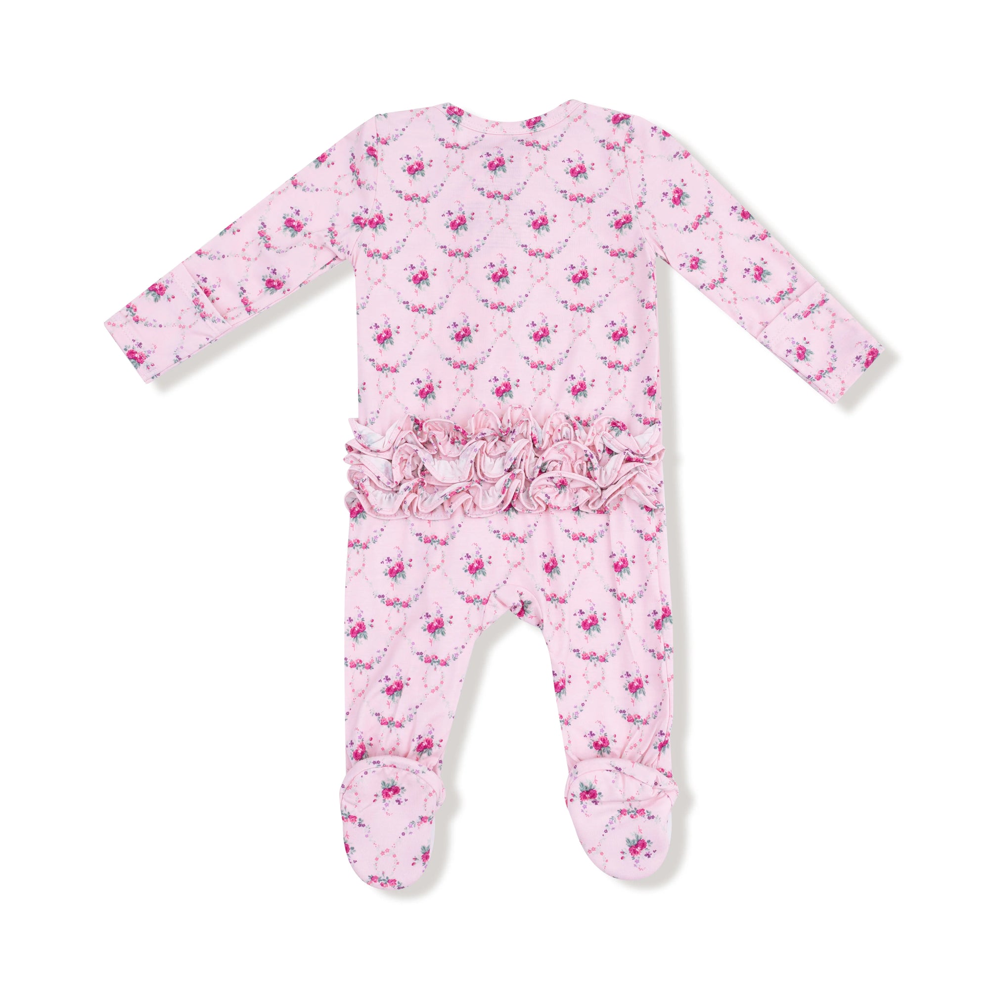 Rose Garden Trellis Bamboo 2 Way Zipper Ruffle Back Footie