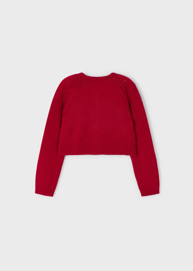 Girls Openwork Knit Cardigan | Red
