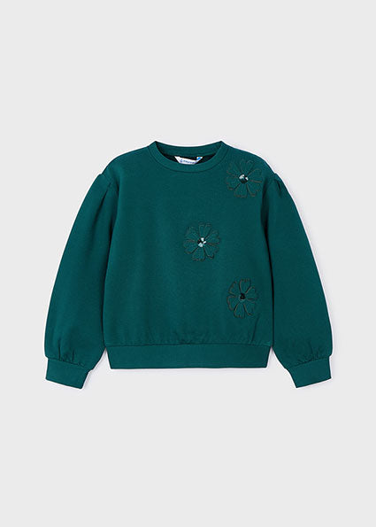 Girls Flower Applique Sweater | Bottle Green