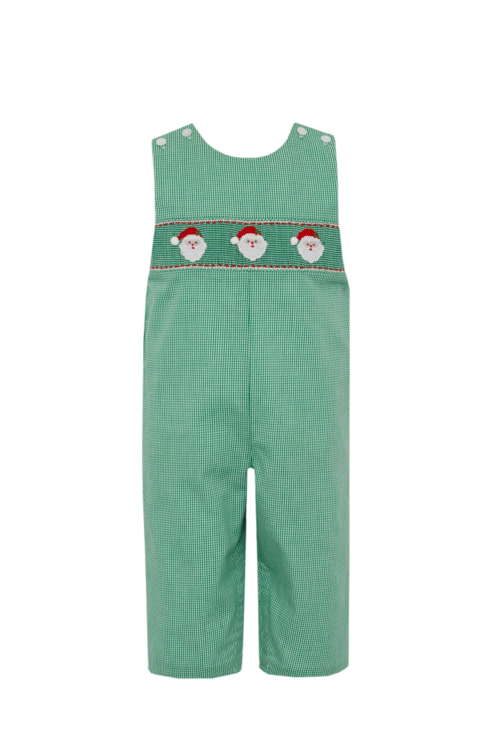 Santa Smocked Green Gingham Long Jon Jon