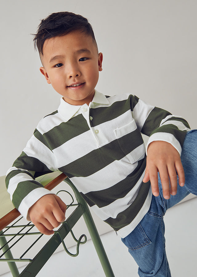Boys Long Sleeve Rugby Stripe Polo | Olive