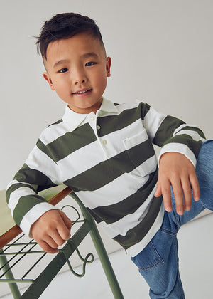 Boys Long Sleeve Rugby Stripe Polo | Olive
