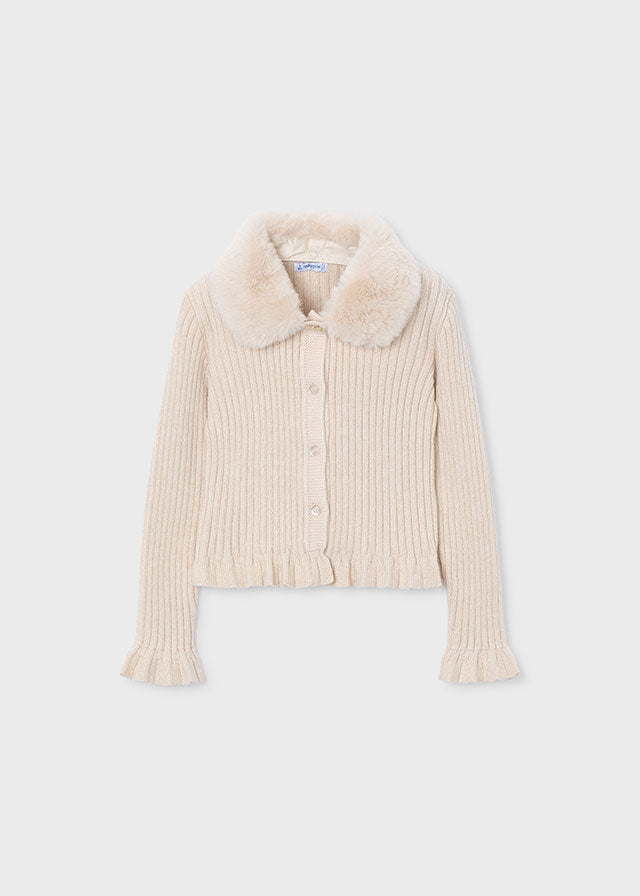 Girls Ribbed Knit Cardigan w/ Faux Fur Collar