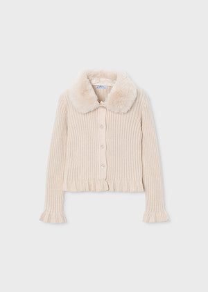 Girls Ribbed Knit Cardigan w/ Faux Fur Collar