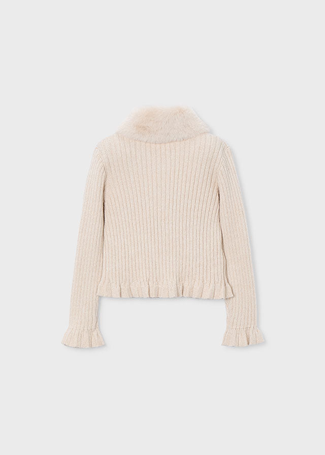 Girls Ribbed Knit Cardigan w/ Faux Fur Collar