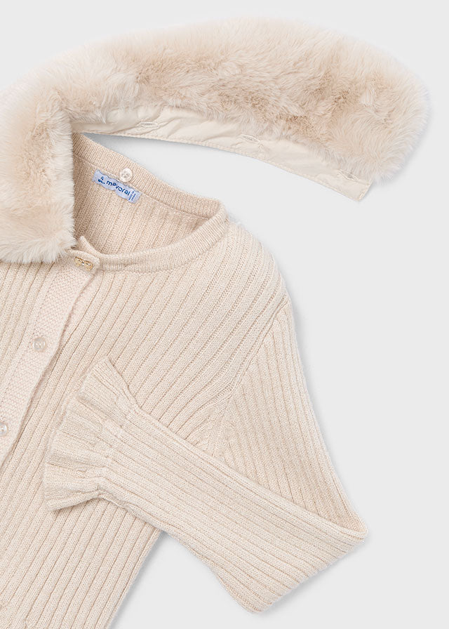 Girls Ribbed Knit Cardigan w/ Faux Fur Collar