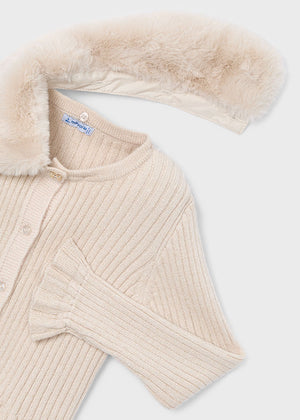 Girls Ribbed Knit Cardigan w/ Faux Fur Collar