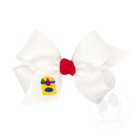 Grosgrain Hair Bow with Knot Wrap and Crayon Embroidery