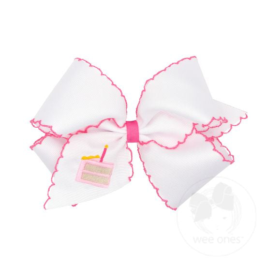 Grosgrain Hair Bow with Moonstitch Edge and Birthday Cake Embroidery