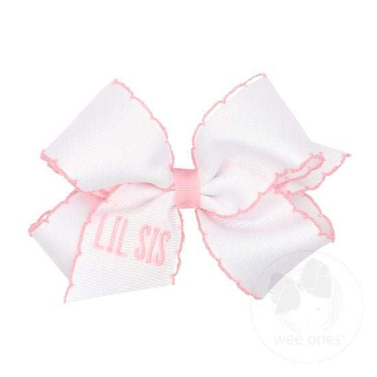 Medium Grosgrain Hair Bow with Moonstitch Edge and "LIL SIS" Embroidery | Pink or Blue