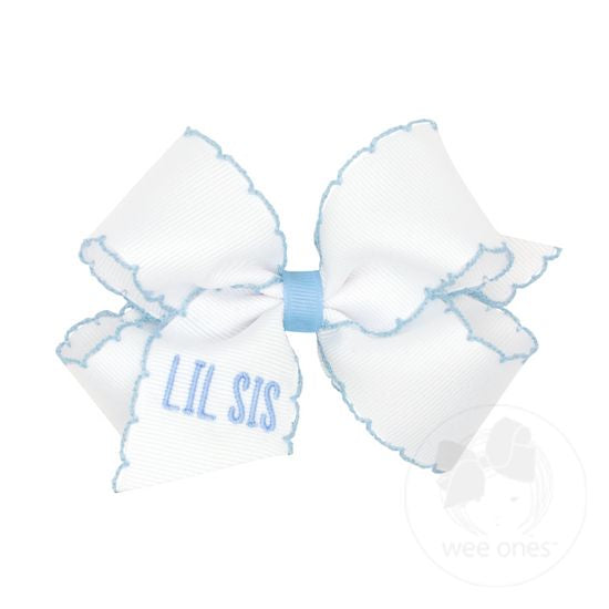Medium Grosgrain Hair Bow with Moonstitch Edge and "LIL SIS" Embroidery | Pink or Blue