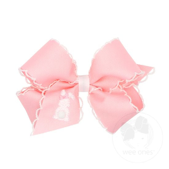 Pink Grosgrain Bow with Moonstitch Edge and Easter-inspired Embroidery on Tail