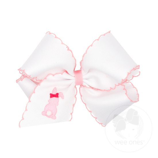 White Grosgrain Bow with Moonstitch Edge and Easter-inspired Embroidery on Tail