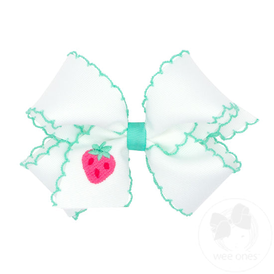 Grosgrain Hair Bow with Moonstitch Edge and Strawberry Embroidery