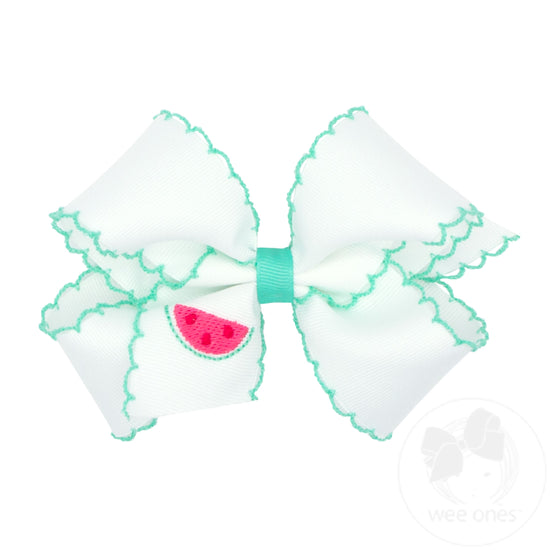 Grosgrain Hair Bow with Moonstitch Edge and Watermelon Embroidery