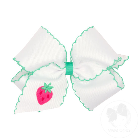 Grosgrain Hair Bow with Moonstitch Edge and Strawberry Embroidery