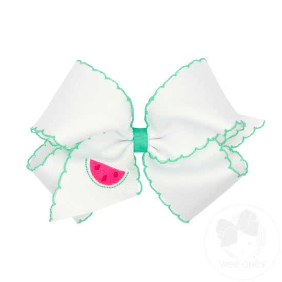 Grosgrain Hair Bow with Moonstitch Edge and Watermelon Embroidery