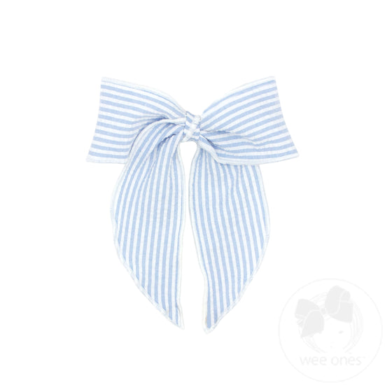 Seersucker Bowtie with Twisted Wrap and Whimsy Tails | Blue
