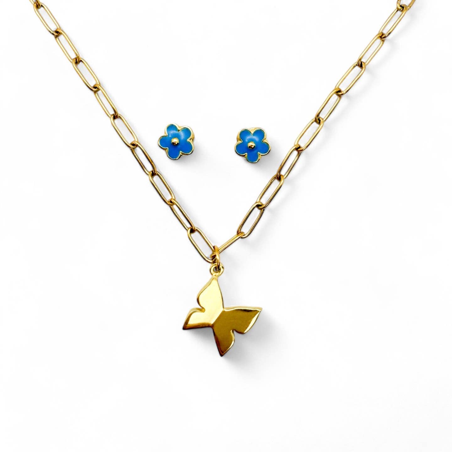 Kids Necklace and Earring Set | Butterfly & Blue Flower