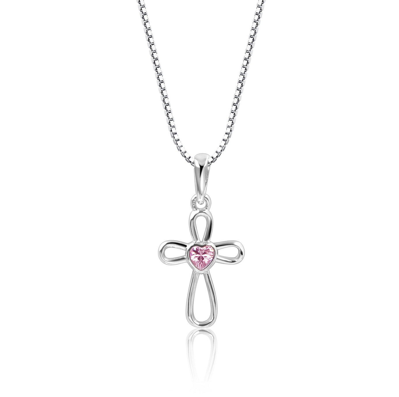 Girls Sterling Silver Pink Heart Cross Necklace