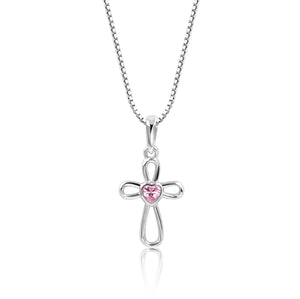 Girls Sterling Silver Pink Heart Cross Necklace