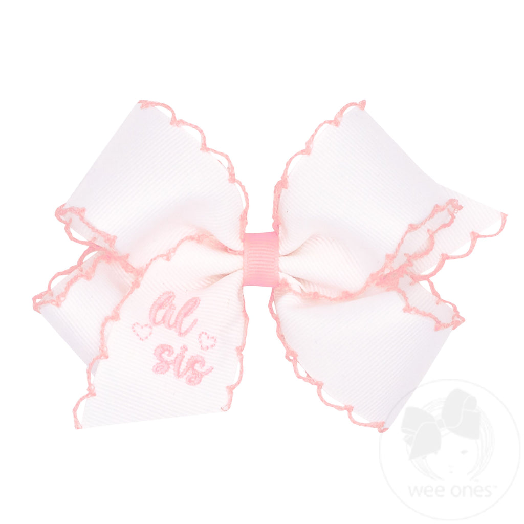 Medium "Lil Sis" Embroidered Grosgrain Hair Bow with Light Pink Moonstitch Edge