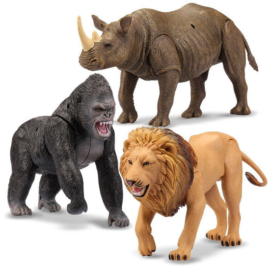 9" Poseable Safari Animal 3-Pack Set | Rhino + Gorilla + Lion